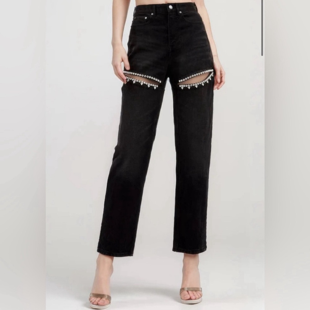 Monvess high waisted black denim jeans with diamond embellishment cutouts SM OBO